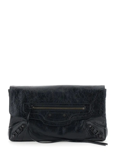 Genti 'Le City' Black Small Clutch with Zip Pocket on the Front in Leather for Women