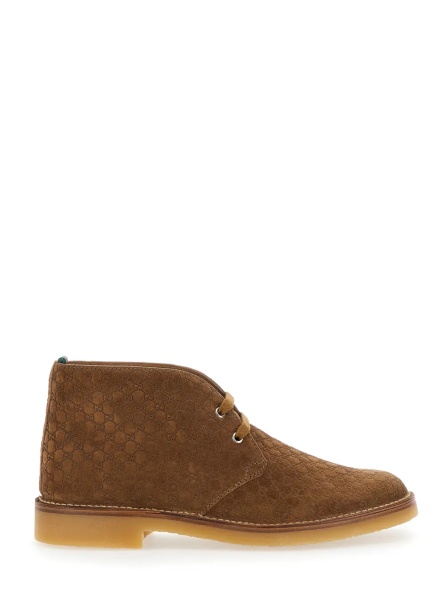 Ghete Brown Ankle Boots with Web Detail on the Heel and Low Heel in GG Suede Man