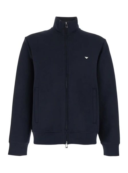 Hanorace Blue High Neck Sweatshirt with Logo Embroidery on the Front and Zip Closure on the Front in Cotton Blend for Men