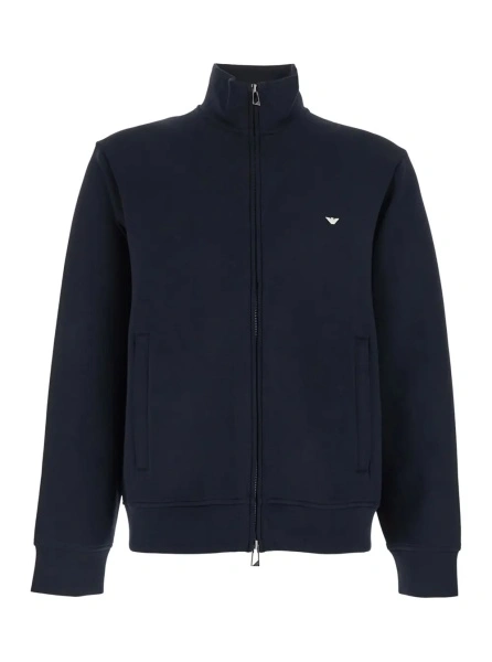 Hanorace Blue High Neck Sweatshirt with Logo Embroidery on the Front and Zip Closure on the Front in Cotton Blend for Men