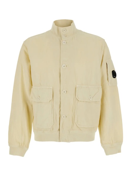 Jacheta Beige Jacket with High Collar and Logo Plate on the Sleeve in Cotton and Linen Men