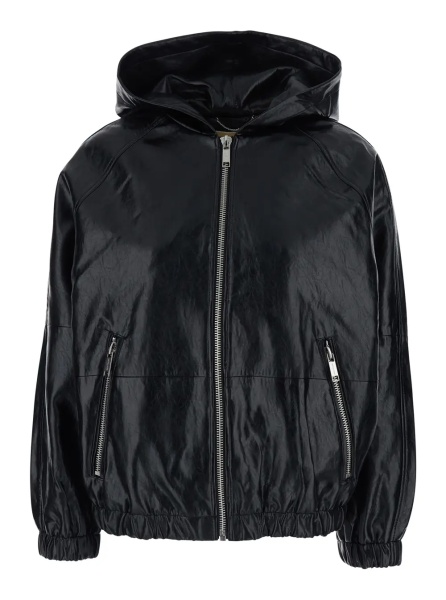 Jacheta Black Hooded Jacket with Elasticized Finishes in Ecoleather Women