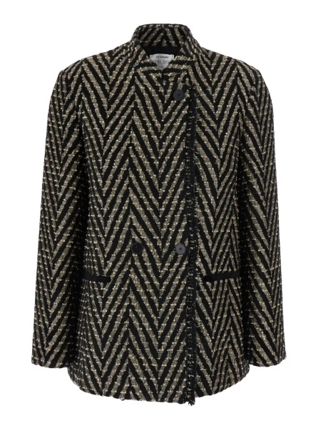 Jacheta Black Oversized Jacket with Chevron Motif and Micro Sequins in Tech Fabric for Women