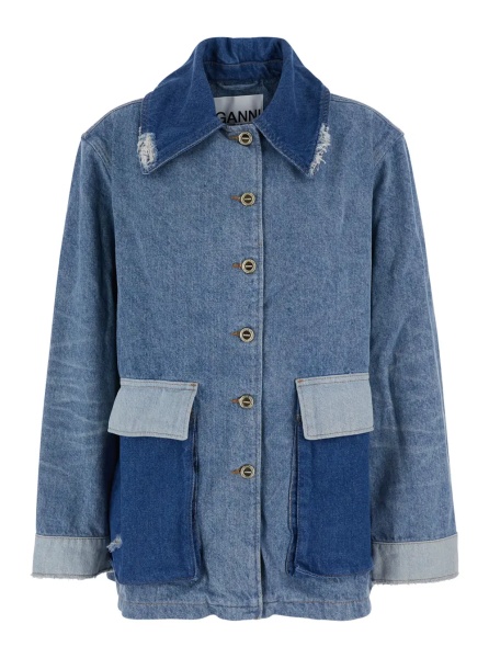 Jacheta Blue Jacket with classic collar with fringed details and patchwork design in denim for women