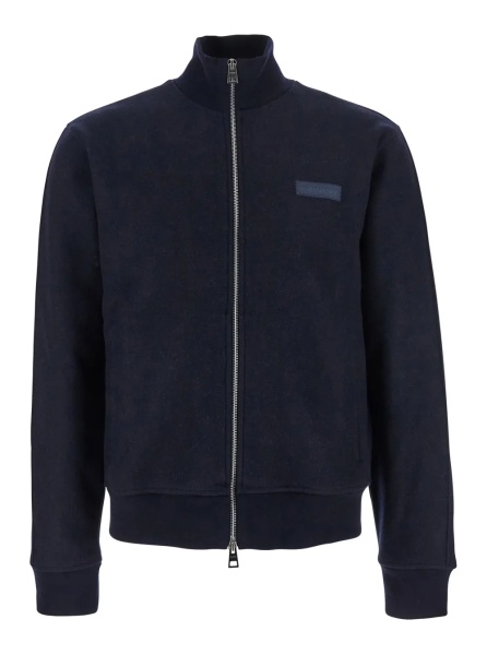 Jacheta Blue Jacket with High Neck and Logo Patch on the Front in Wool and Cashmere Blend Man