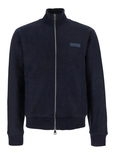 Jacheta Blue Jacket with High Neck and Logo Patch on the Front in Wool and Cashmere Blend Man