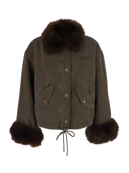 Jacheta brown Jacket with eco-fur details and Logo lettering in cotton for women