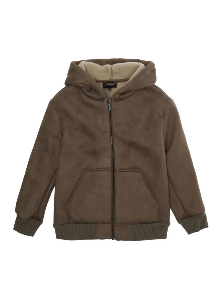 Jacheta Brown Jacket with Fixed Hood and Logo Embroidery on the Front in Tech Fabric Boy