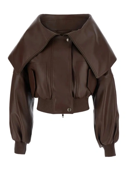 Jacheta Brown Short jacket with oversized collar and ribbed trims in leather for women