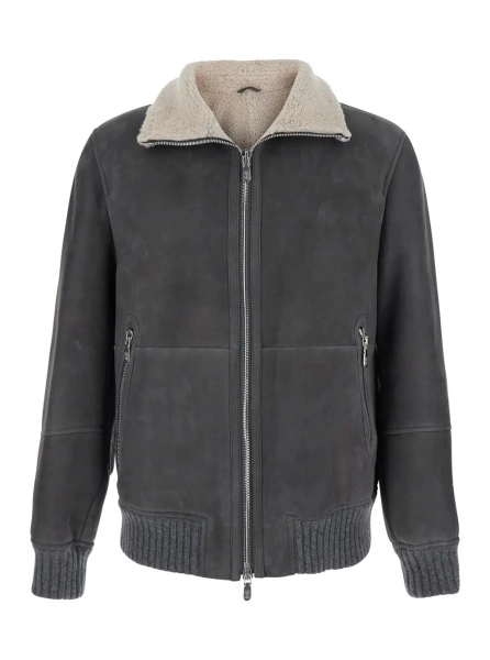 Jacheta Brunello Cucinelli gri din piele