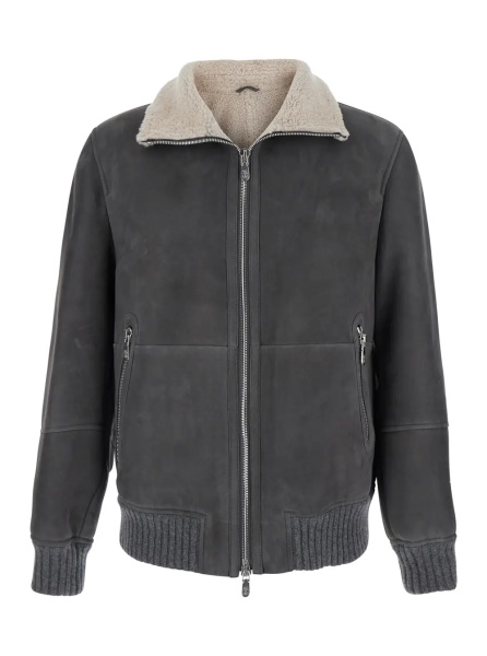 Jacheta Gray Jacket with high collar and fur lining in leather for men