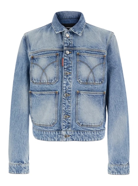 Jacheta Light Blue Jacket '70's' with Classic Collar and Four Patch Pockets on the Front in Denim for Men