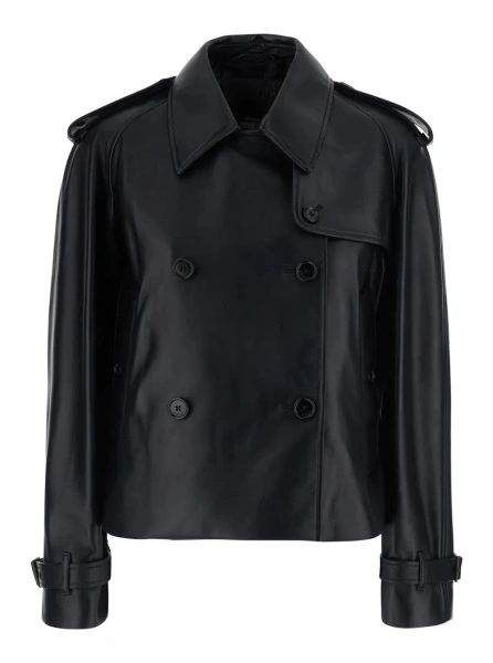 Jacheta 'MAYFAIR' Black Jacket with wide collar and cropped design in Leather for Women