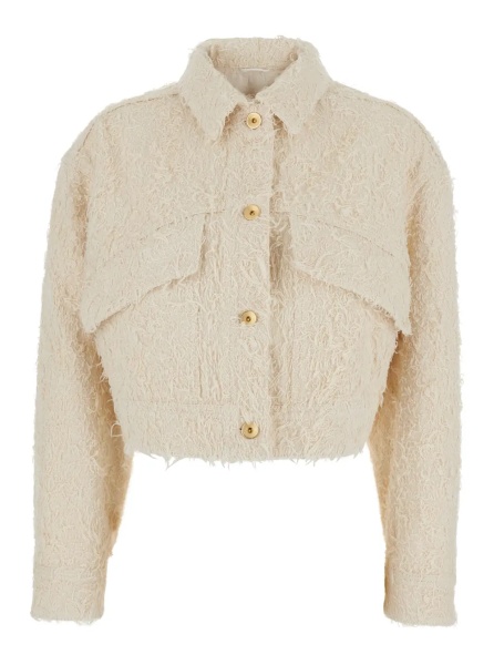 Jacheta White jacket with classic collar and all-over fringed details in cotton woman