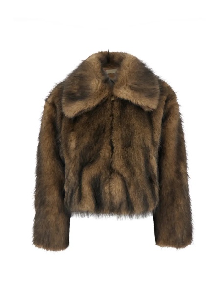 Paltoane Beige Coat with Wide Collar in Eco Fur for Women
