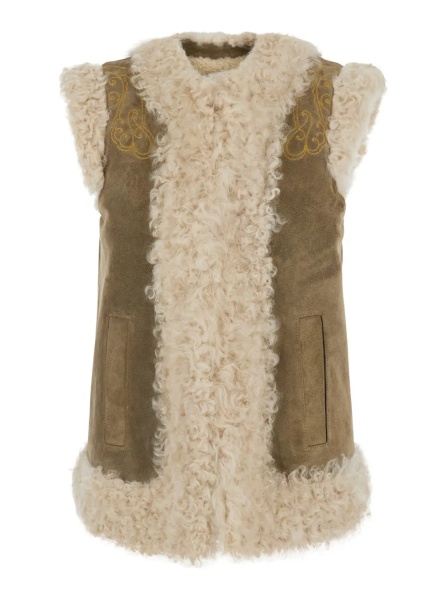 Paltoane beige Shearling coat with maxi embroidery on the back in fur for women