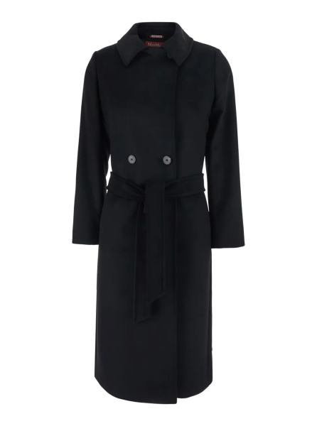 Paltoane Black Coat with Classic Collar and Front Belt Closure in Wool for Women