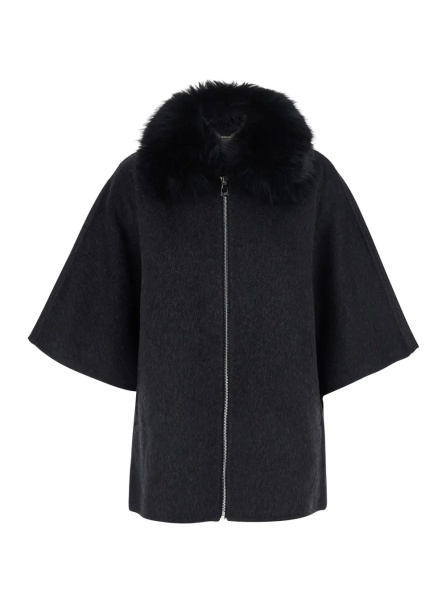Paltoane Gray fur coat with removable fur collar and wide short sleeves in eco fur for women