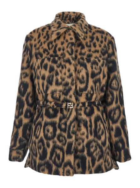 Paltoane Multicolor Coat with FF Buckled Belt on the Front and All-Over Leopard Motif in Wool Blend Woman
