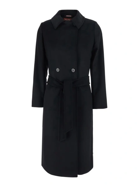 Palton Black Coat with Classic Collar and Front Belt Closure in Wool for Women