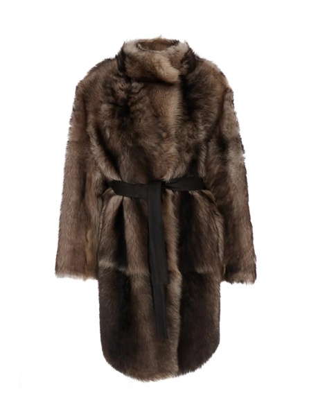 Palton Brown Shearling Coat with High Neck and Front Belt Closure in Fur Woman