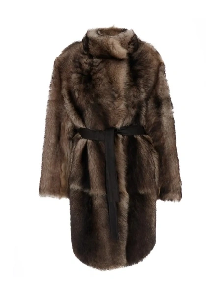 Palton Brown Shearling Coat with High Neck and Front Belt Closure in Fur Woman
