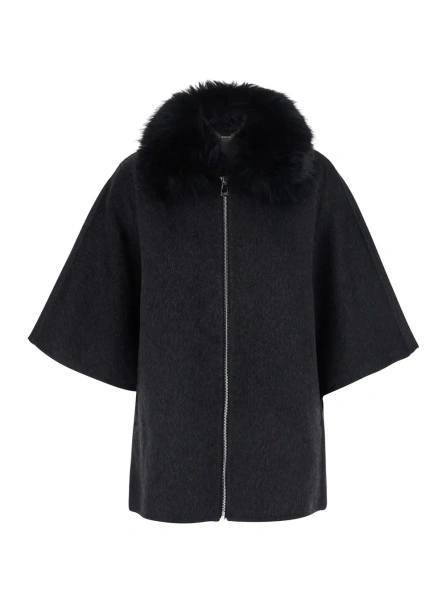 Palton Gray fur coat with removable fur collar and wide short sleeves in eco fur for women