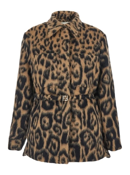 Palton Multicolor Coat with FF Buckled Belt on the Front and All-Over Leopard Motif in Wool Blend Woman