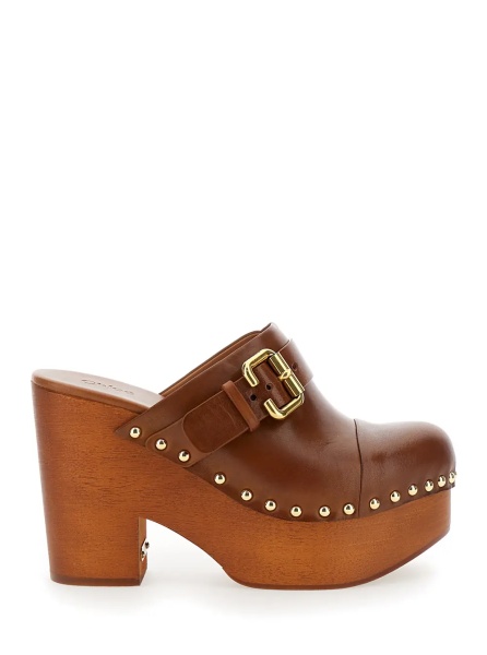 Pantofi Brown 'Jeanette' Wedge Clogs in Leather and Wood for Women