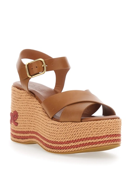 Pantofi brown Wedges with embroidered logo on the heel in leather for women
