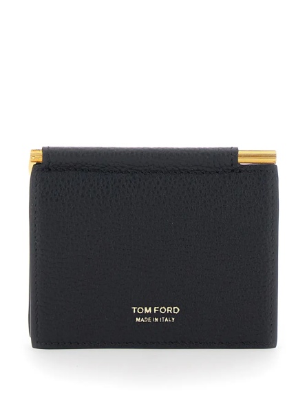 Portofele Black Bi-Fold Wallet with Money Clip and Logo Lettering on the Front in Leather for Men