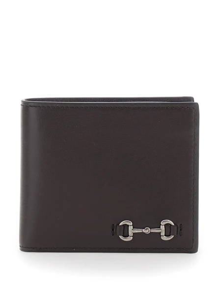 Portofele Brown Bi-Fold Wallet with Horsebit on the Front and Logo Imprinted Inside in Leather Men