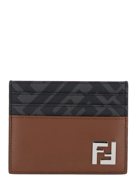 Portofele Brown Card Holder with FF Plaque on the Front in Leather and FF Canvas Man