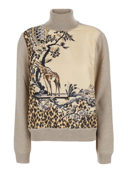 Pulover Beige high-neck sweater with front print in Blend wool for women