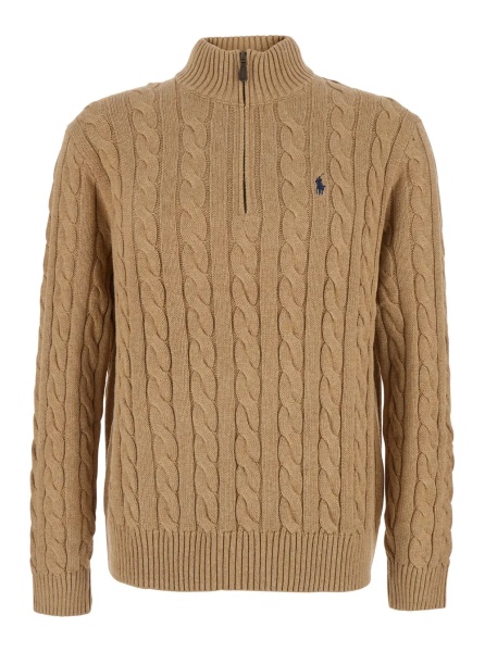 Pulover Beige Sweater with half zip on the front and Pony logo on the front in cotton for men