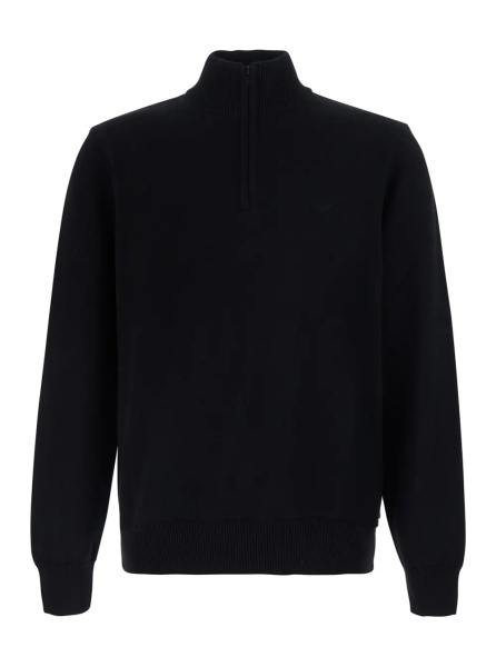 Pulover Black Crew Neck Sweater with Half Zip Closure on the Front and Logo Embroidery on the Front in Cotton for Men