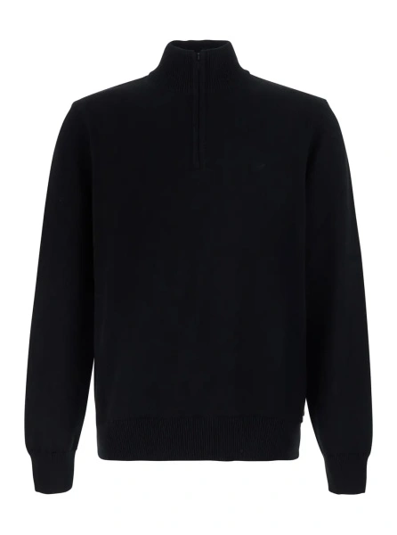 Pulover Black Crew Neck Sweater with Half Zip Closure on the Front and Logo Embroidery on the Front in Cotton for Men