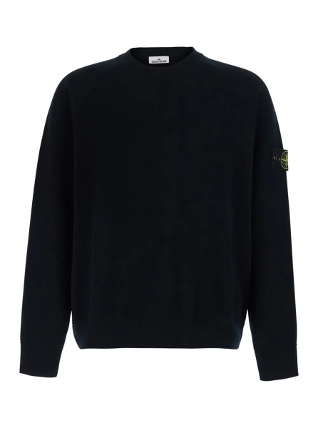 Pulover black crew neck sweater with logo patch on the sleeve in wool Blend men