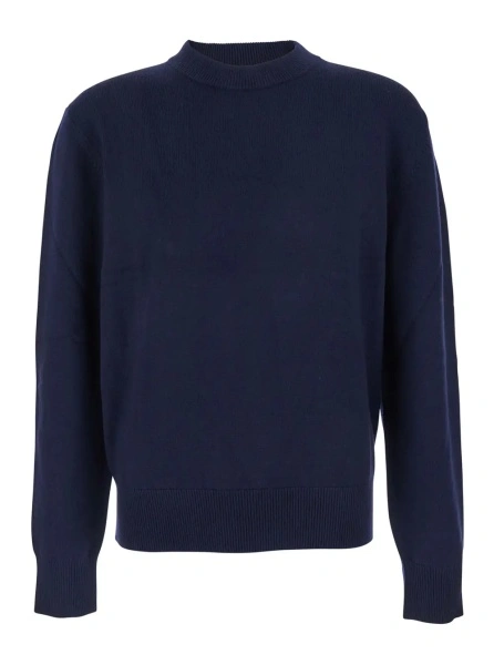 Pulover Blue Crew Neck Sweater with Dropped Shoulder in Wool Blend Man