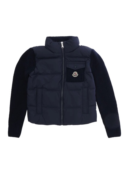 Pulover Blue Sweater with high collar and front logo patch in cotton and Tech Fabric Girl