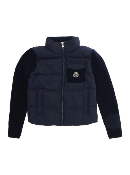Pulover Blue Sweater with high collar and front logo patch in cotton and Tech Fabric Girl