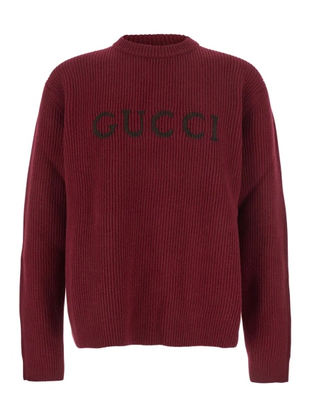 Pulover Bordeaux Crewneck Sweater with Logo Lettering Embroidery on the Front in Wool Man