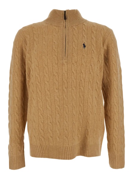Pulover Cable-Knit Quarter-Zip Sweater with Zip Collar in Beige for Men