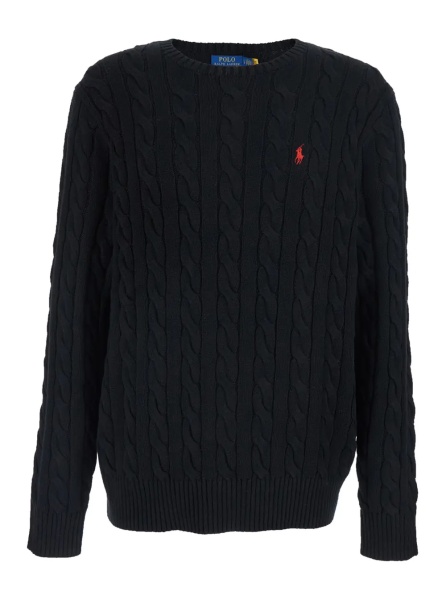 Pulover Crew Neck Sweater with Pony Logo on the Front in Black Cotton for Men