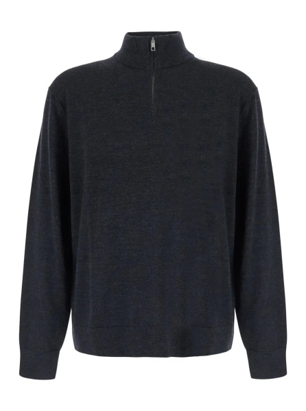 Pulover Gray Sweater with half zip closure and high collar in wool for men