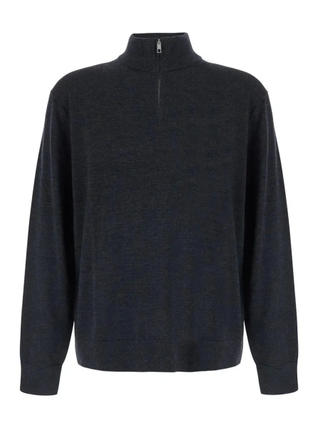 Pulover Gray Sweater with half zip closure and high collar in wool for men