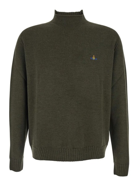 Pulover Green Crew Neck Sweater with Orb Logo Embroidered on the Front in Wool Blend Man