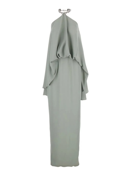 Pulover Long Dress 'Cyclades' with Crystal Choker on the Neck in Faded Green Cady Crepe for Women