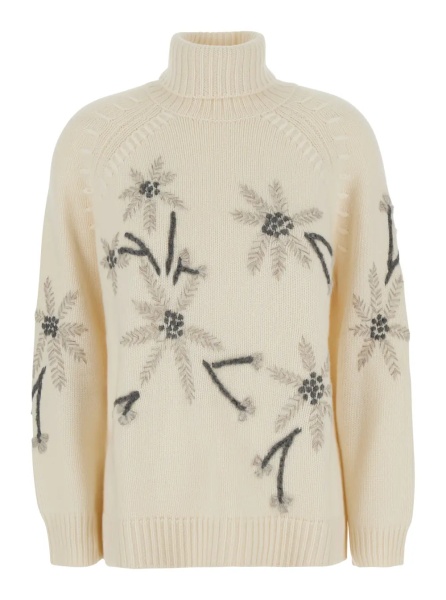 Pulover P.A.R.O.S.H. white High-neck sweater with floral embroidery in cashmere for women
