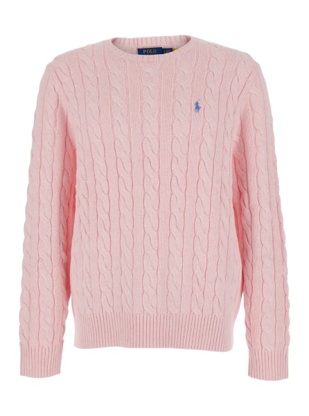 Pulover Pink Crewneck Sweater with Pony Patch on the Front and Cable Knit in Cotton for Men